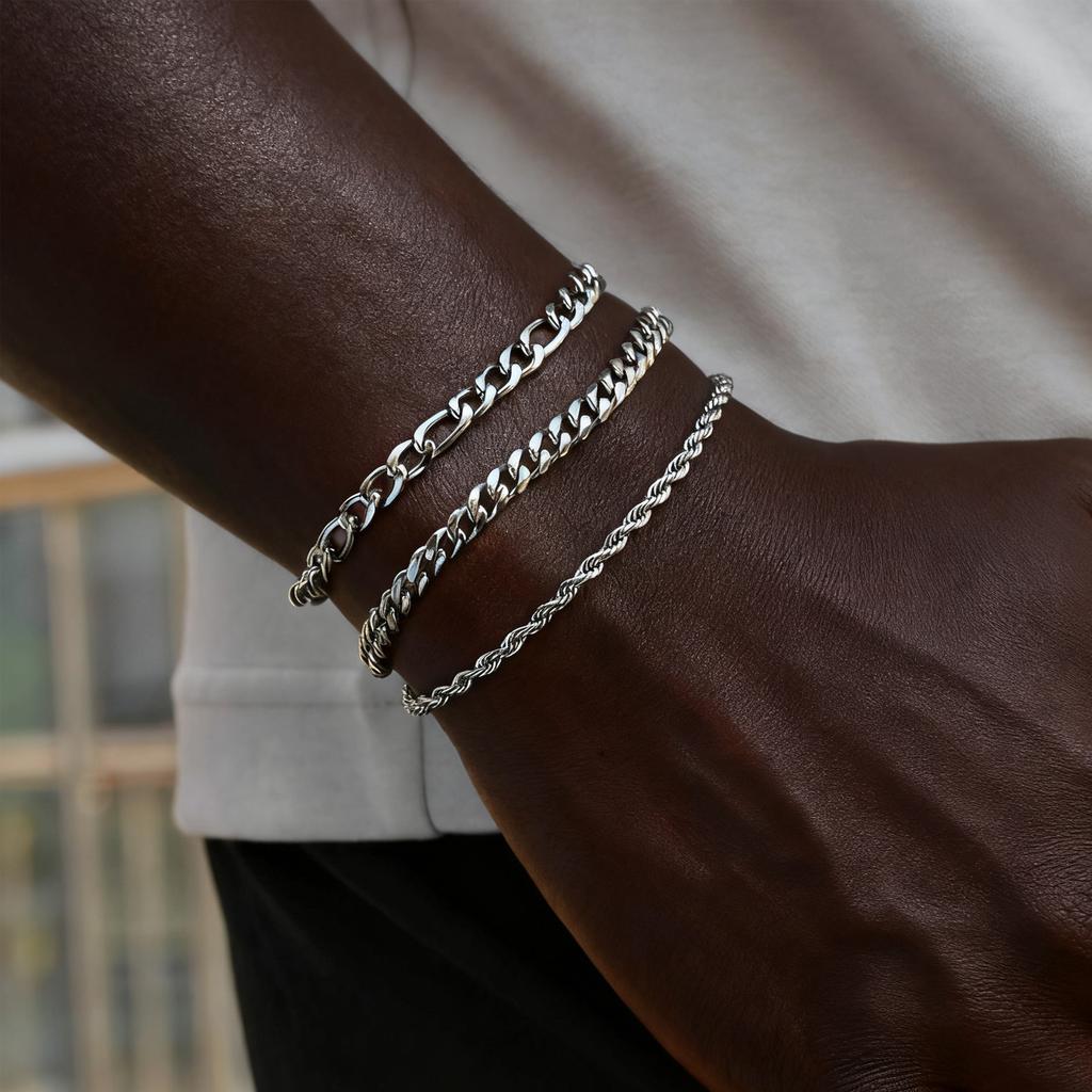 3pcs Men's Chain Bracelet,Never Fade Stainless Steel Cuban Chain Wristband,Casual Simple Silver Color Chains Jewelry Gift