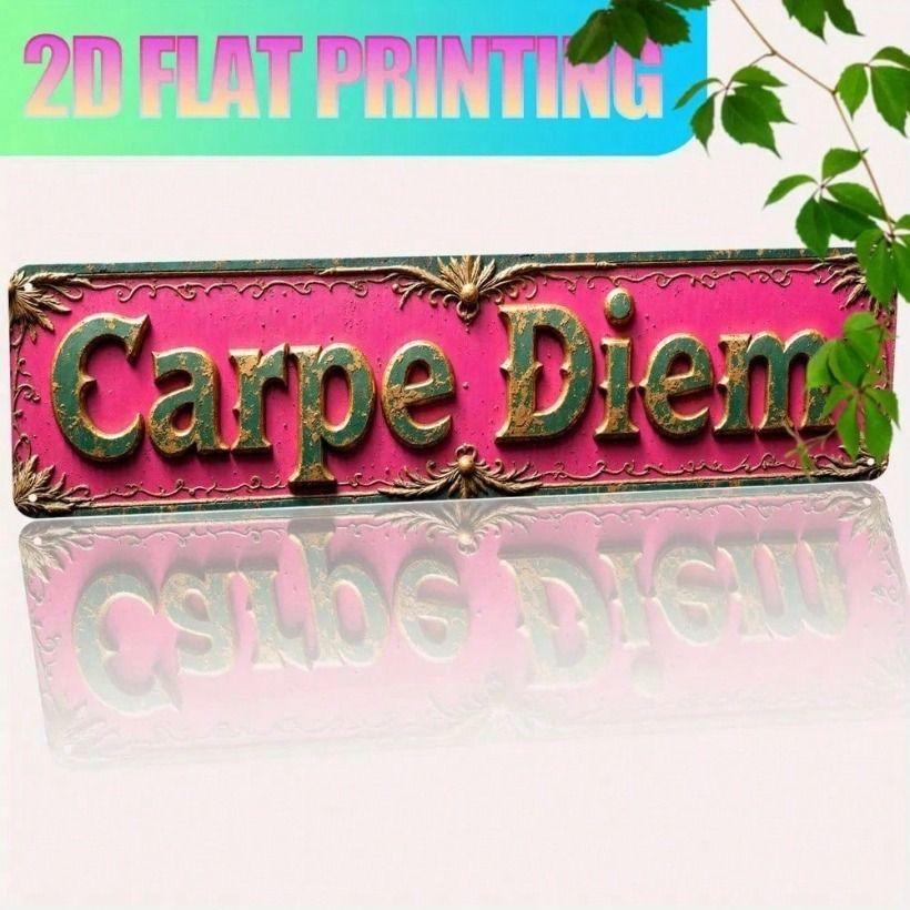 Vintage Metal Wall Art Sign, Latin Quote Carpe Diem, Pink Turquoise Decor for Living Room
