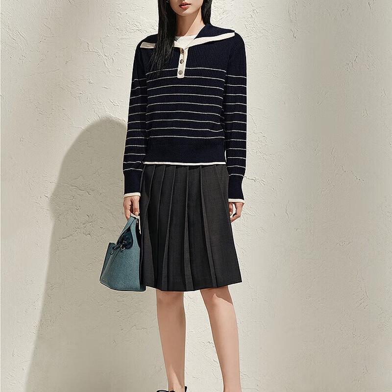 JUZI Annakou Women's Retro Striped Navy Collar Wool Knit Sweater