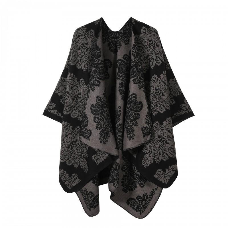 Womens Oversized Knit Shawl Cardigan Vintage Ethnic Floral Print Warm Acrylic Wrap Scarf Winter Travel Photos
