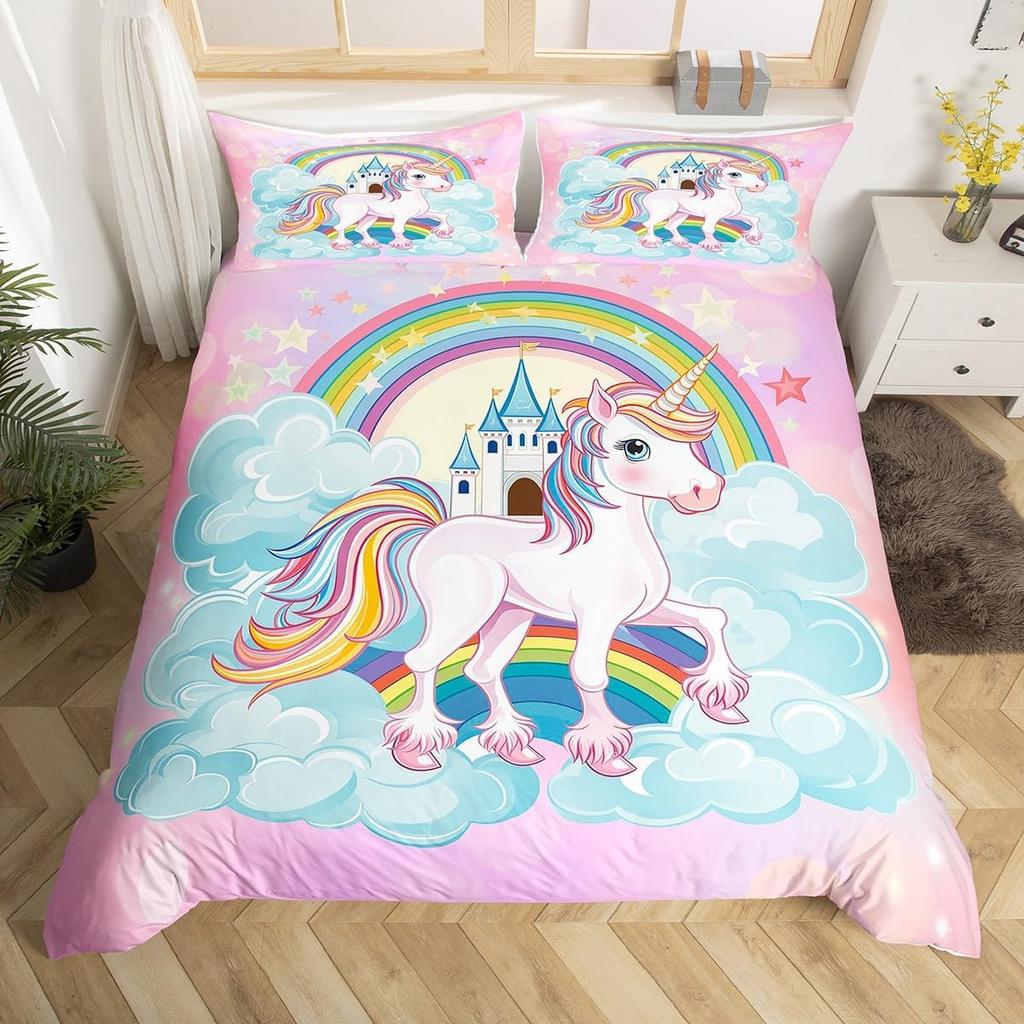 Einhorn Pferd Bettbezug Set Queen Size Träumerisches Regenbogen Bettwäsche 3 Teile Kinder Teenager Buntes Funkelndes Galaxie Set 2 Kissenbezüge