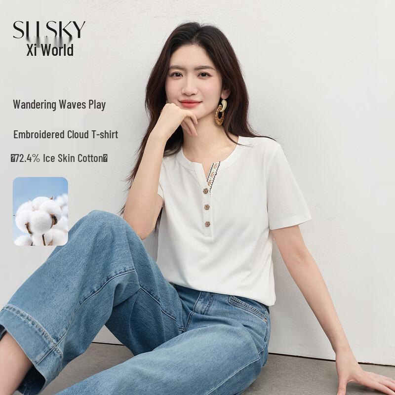 Sllsky Women s Embroidered V-Neck Short Sleeve T-Shirt S