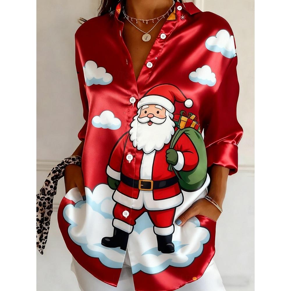Christmas Women's Vintage Santa Print Blouse, Casual Shirt Collar Design, Holiday Office Wear, Fall Winter Work Daily Fashion