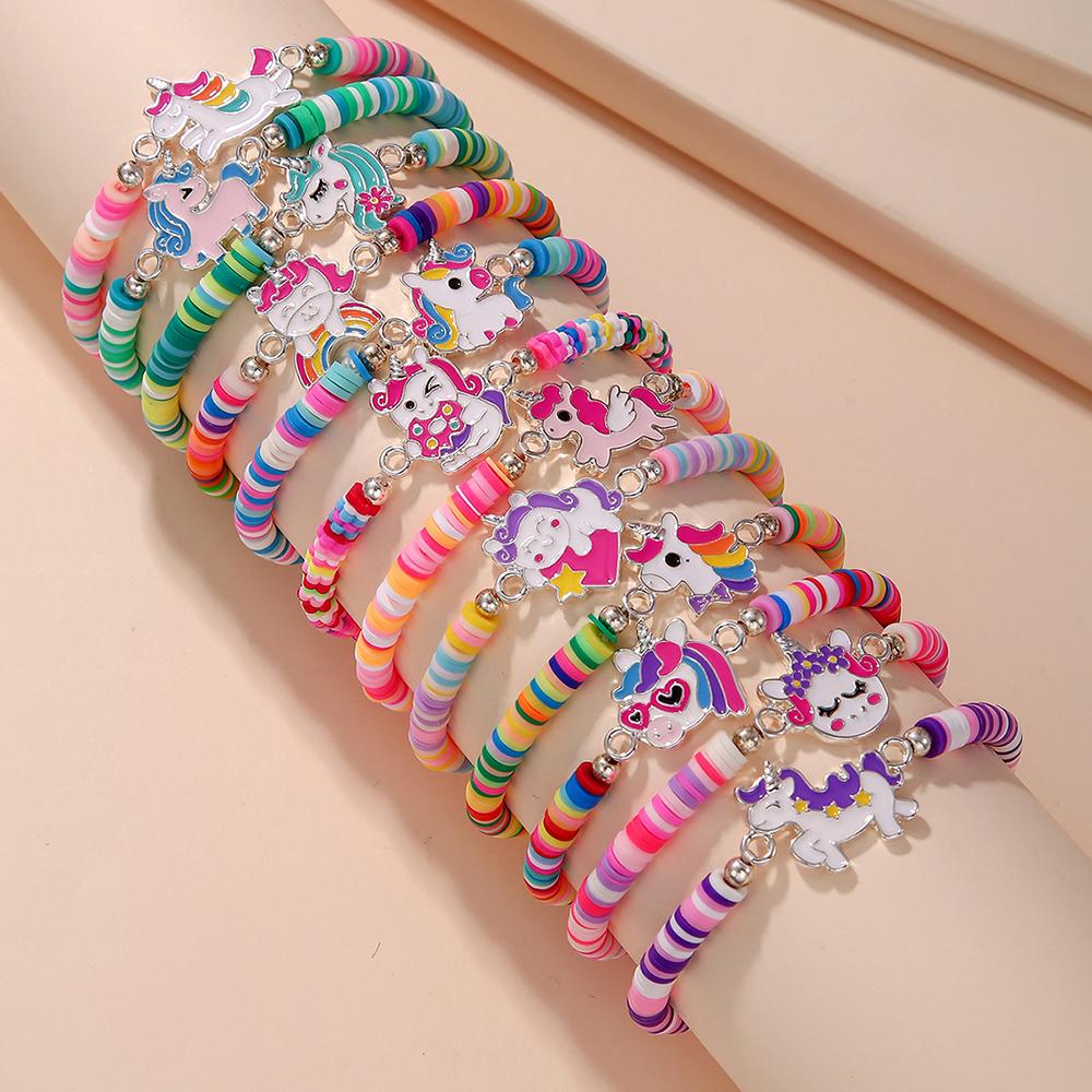 12Pcs/set Unicorn Cat Flower Charm Elastic Handmade Beaded Bracelets for Women Girls Birthday Party Zircon Friendship Gift
