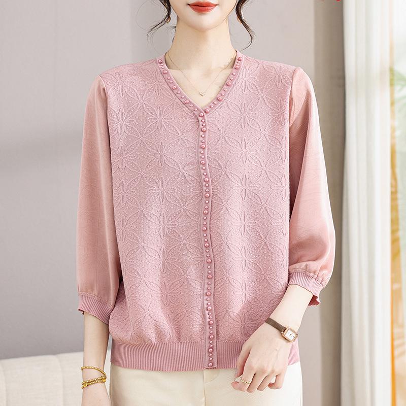 Chic Spring Gauze Sleeve Top for Stylish Middle-Aged & Elderly Women - Summer 3/4 Sleeve T-Shirt