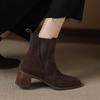 Krazing Pot Cow Suede Nubuck Square Toe High Heels Chelsea Boots Size 42 Slip on Women European Style Ankle Boots