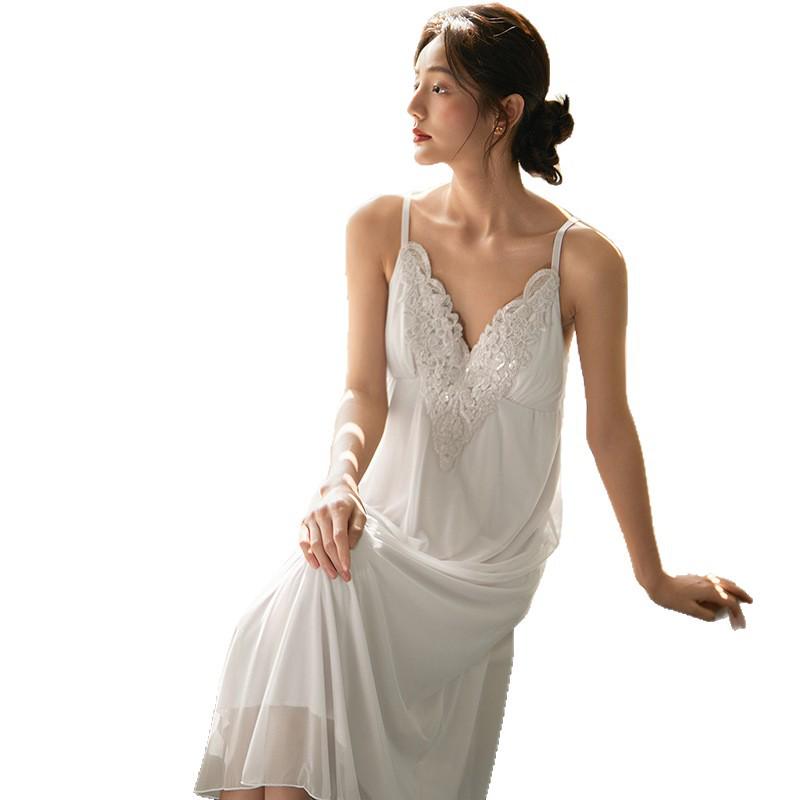 Women's Summer Lace Camisole Pajama Dress with Chest Pads - French Fairy Style