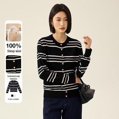 French Style 100% Merino Wool Striped Cardigan