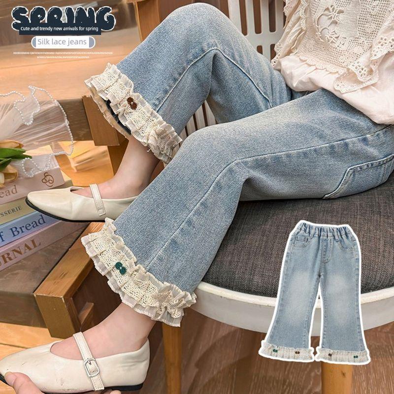 Girls  Lace Flared Pants 2025 Spring and Autumn New Stylish Children s Elastic Loose Versatile Baby Girl Bow Pants Lace Bow-Flared Pants 90cm