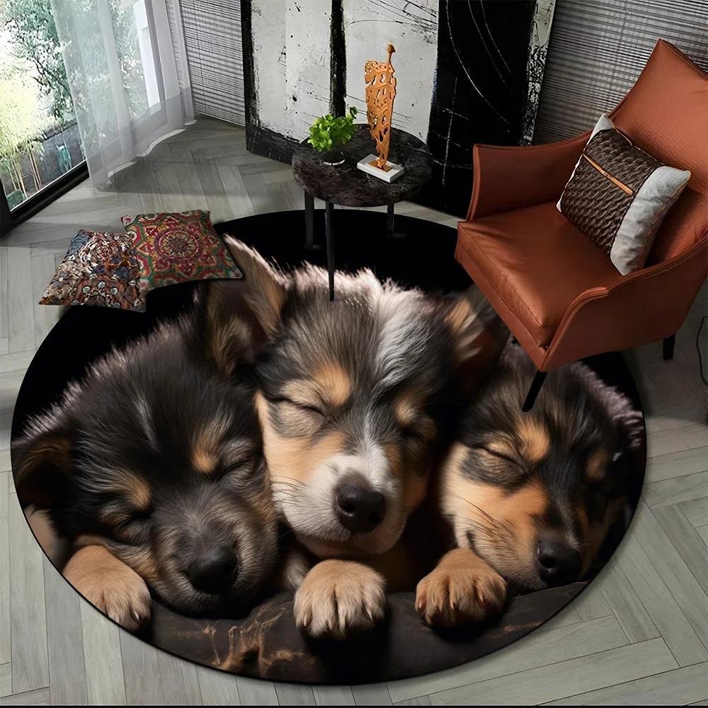 Cute Dog Samoye, Chihuahua, Husky, Koki Cartoon Round Area Rug,Carpet Rug for Living Room Bedroom Sofa Playroom Decor,Non-slip