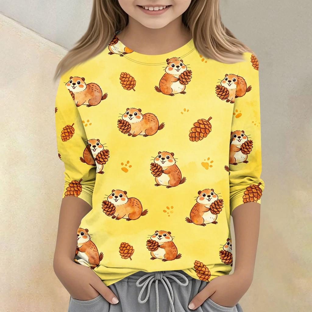 Kids Animal Print Crew Neck Three Quarter Sleeve Casual T-Shirt Soft Fabric Comfortable Fit Suitable for Everyday Wear