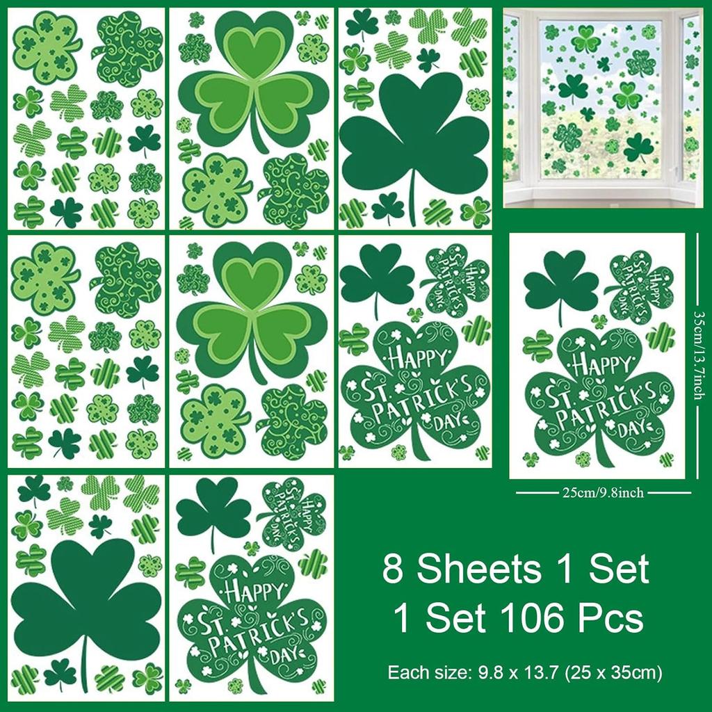 106Pcs St. Patrick's Day Window Clings, Green Shamrock Shaped Sticker Reble Static Window Stickers for Irish Day Decoration Spring Holiday Home