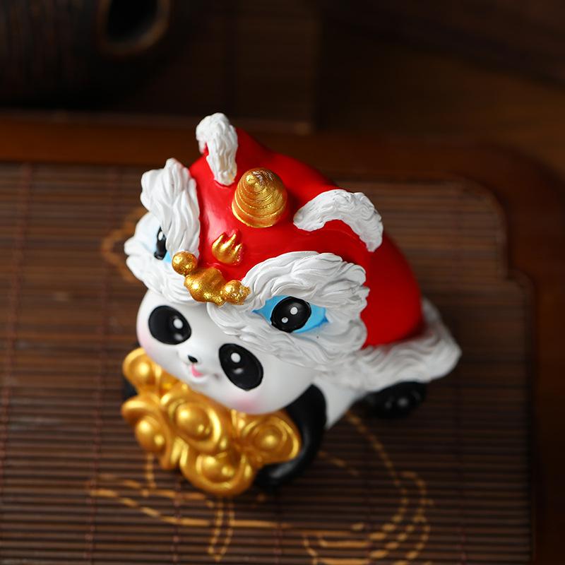 Panda Lion Dance Resin Figurine: Cute Home or Office Decor