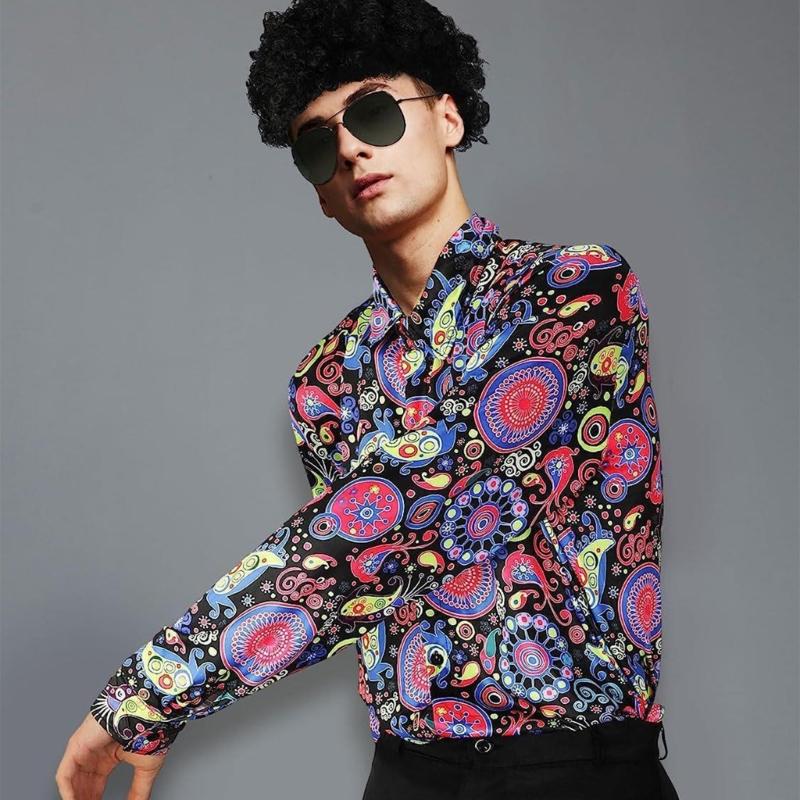Mens 70s Disco Outfits Bells Bottom Pants Shirt Wigs Necklace Mustache Sunglasses 60s 70s 80s Disco Costume Accessories