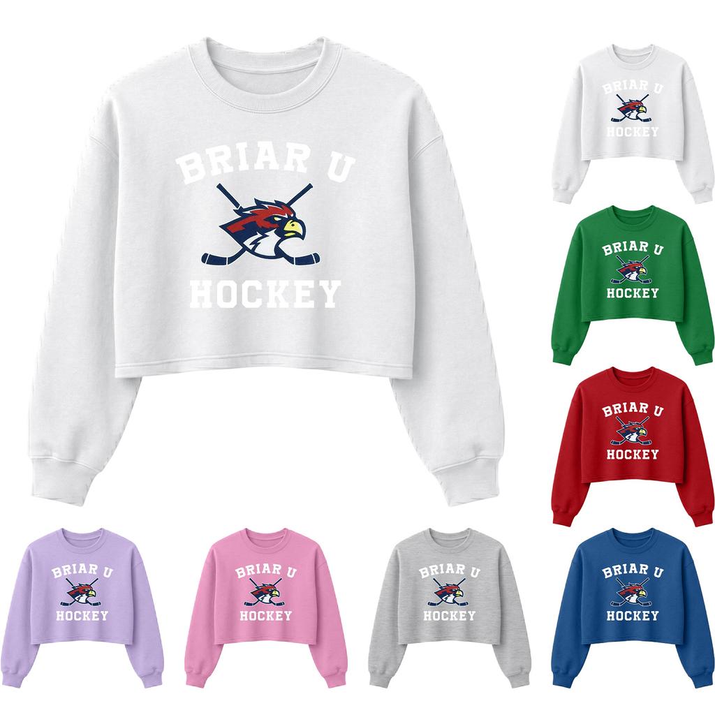 Crew Neck Cropped Sweatshirt Briar U Hockey Graphic Print Long Sleeve Pullover Casual Fit Lightweight Fabric