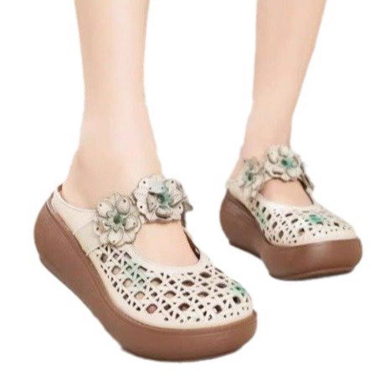 New Soft Leather Shoes for Women, Retro Wedge Heel, Toe Cap, Half-slipper, Hollowed-out Cool Slippers