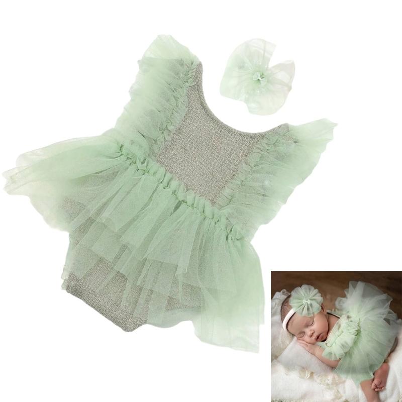 1 Set Photography Outfit for Infant Girls Breathable Romper Dress and Delicate Lace Headband Props for Newborns
