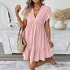 Sommer Damen Kurzarm Baumwolle Leinen Minikleid Damen Falten Rüsche Einfarbig Kleider Freizeit V-Ausschnitt Vintage Locker Vestidos