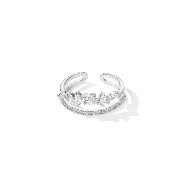 Elegant Double Layer Zirconia Flower Ring for Women - Adjustable Open Band, Artistic Design for Index Finger.