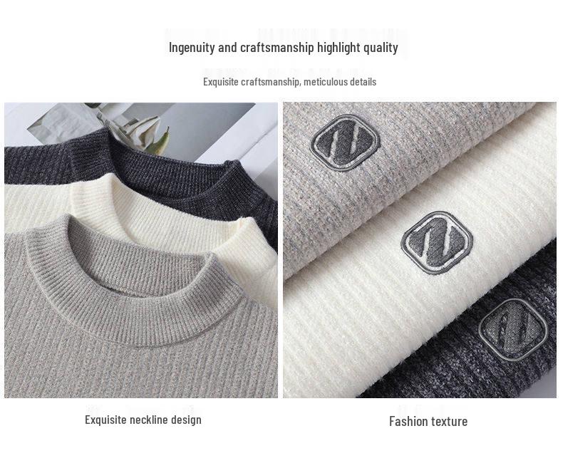 Woodpecker Men's Slim Fit Round Neck Knit Sweater - Warm Velvet Base Layer for Autumn/Winter