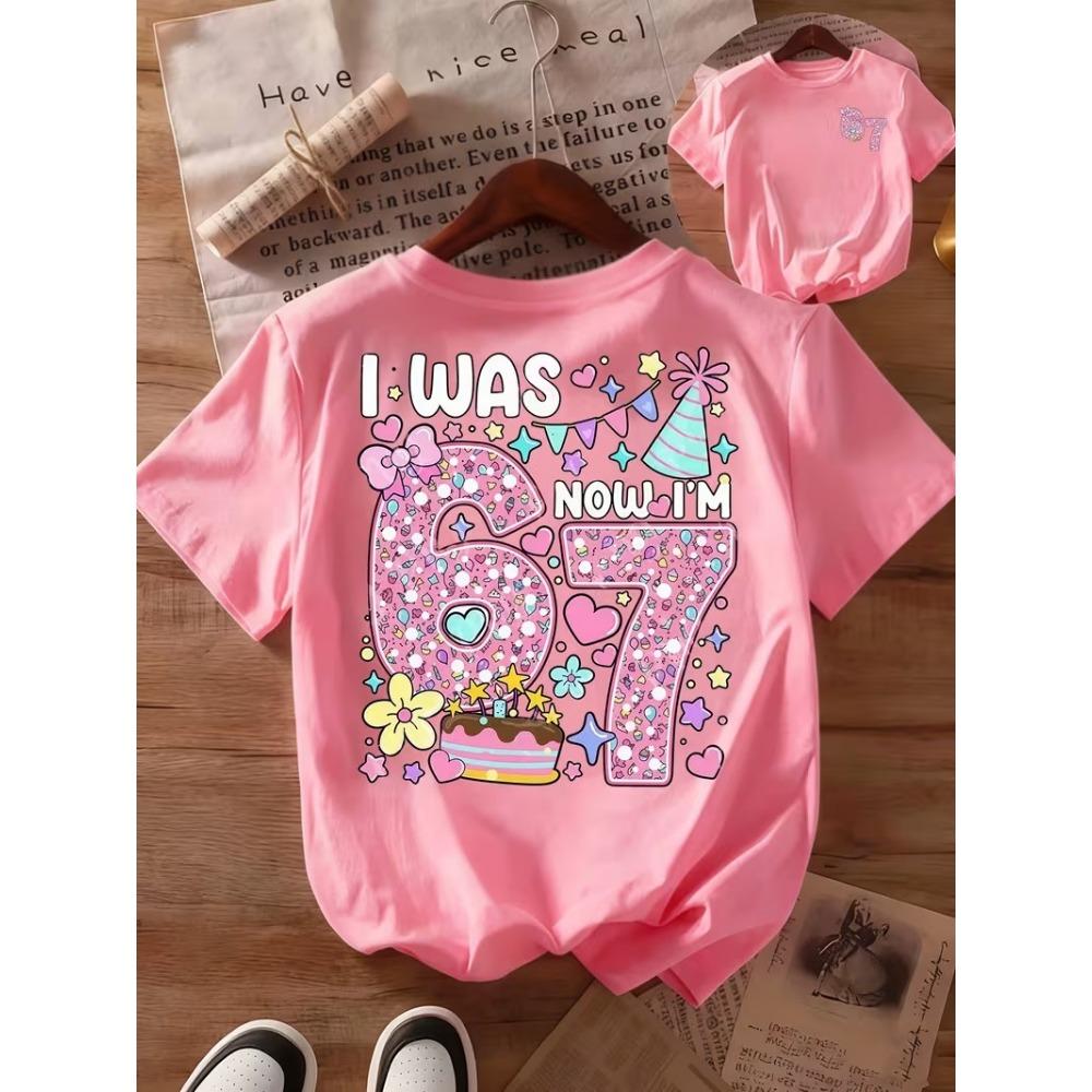 

Summer Girls Fashion Current Cotton T-shirt Cartoon Lucky 67 Printed Kid Casual Top Comfortable Childrens Short Sleeved Shirt 100