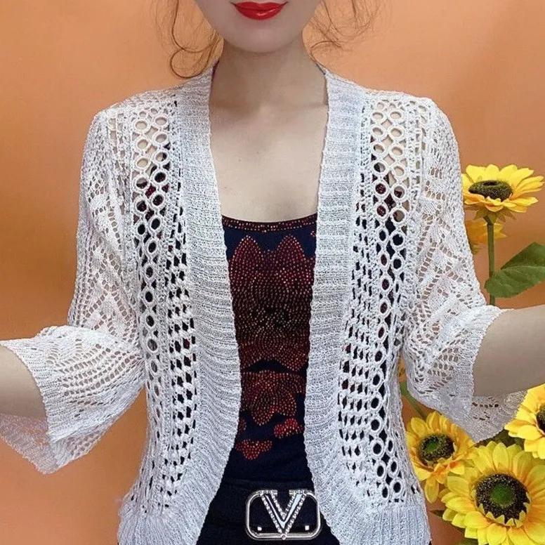 Women's Summer Outerwear: Elegant Solid-Color Lightweight Knit Cardigan for Sun Protection