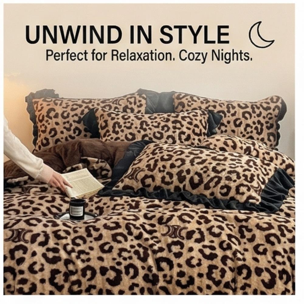 סט מצעים יוקרתי לחורף עם הדפס נמר ופרוות ארנב, ארבעה חלקים - כיסוי שמיכה עם ריפוד נוסף והגדלת עובי לחימום ונוחות משופרים.