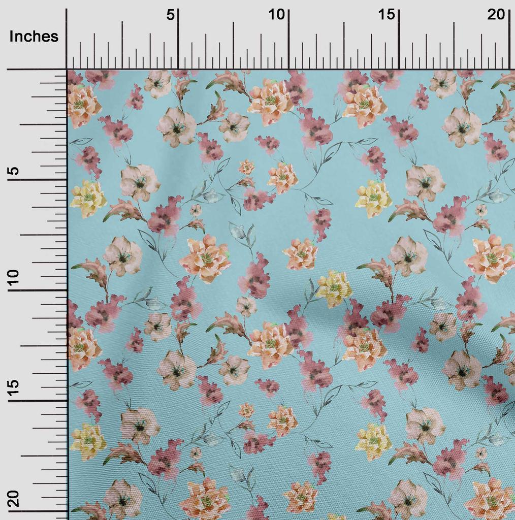oneOone Cotton Flex Aquamarine Fabric Flower & Leaves Watercolor Sewing Fabric By The Yard Printed Diy Clothing Sewing Supplies 40 Inch