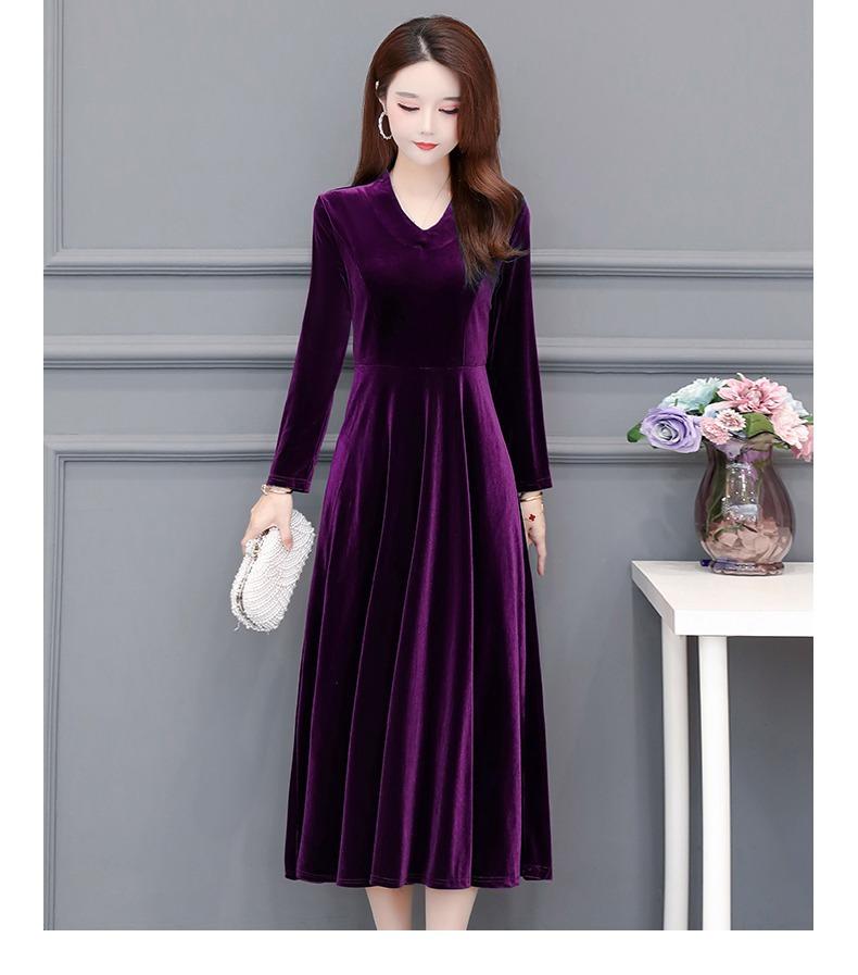 Winter Gold Velvet V-neck Western-style Dress For Women