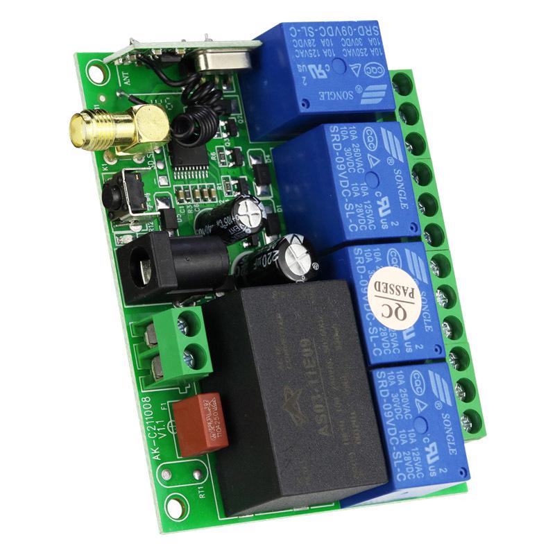 Universal 110V/220V Four-Way Remote Control Switch with Industrial-Grade Controller for Lights, Barriers, and Motors.