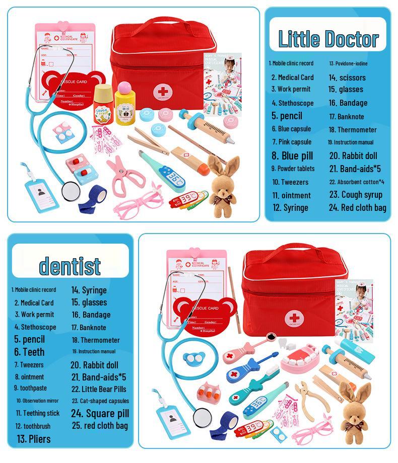 Wooden Toddler Doctor Kit: Nurse Bag Pretend Play Toy Set