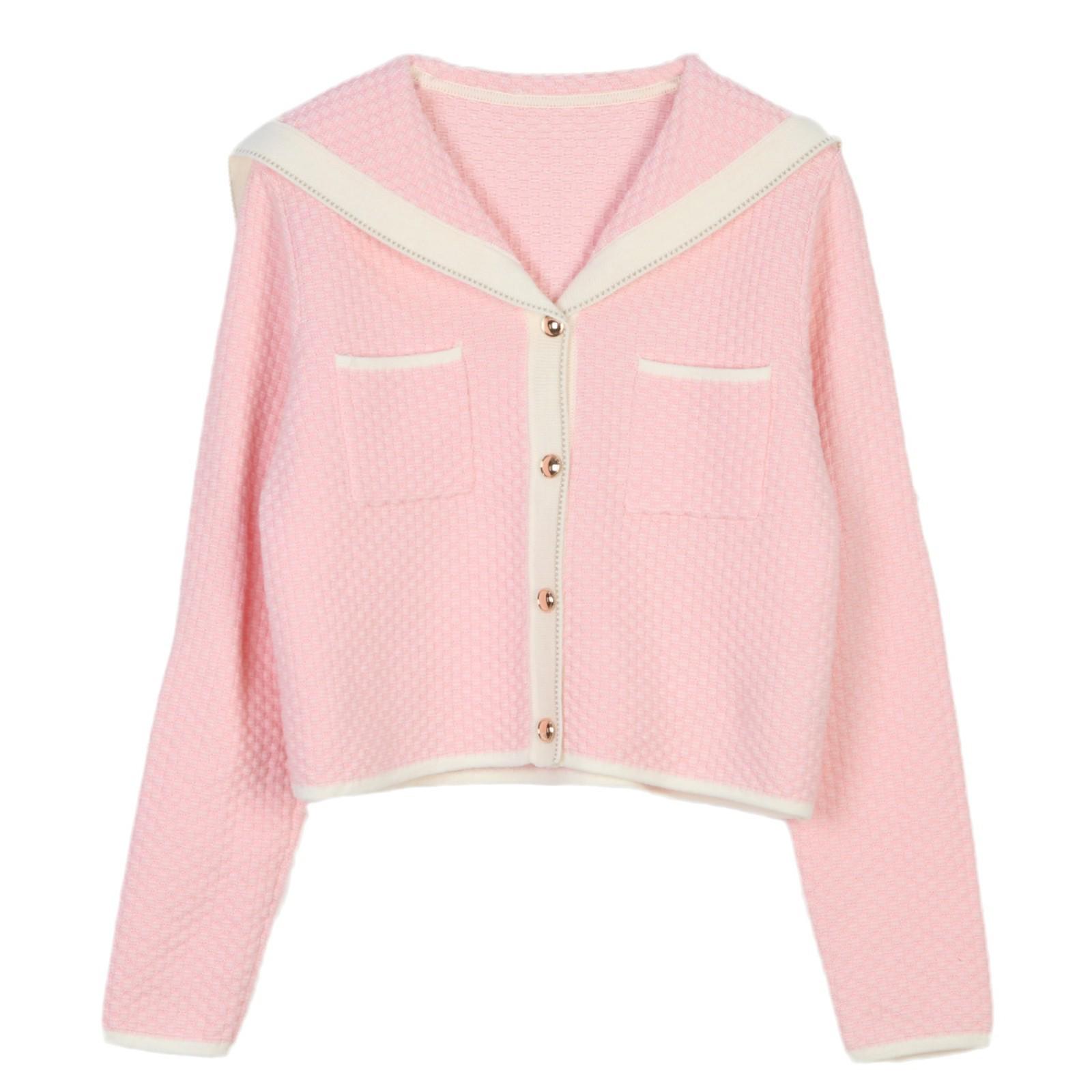 

Женский розовый вязаный кардиган: Полоски в стиле колор-блок, матросский воротник, длинный рукав, свободный крой, плотный осенне-зимний стиль Medium