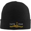 Black Knitted Beanie with Faith Over Fear Cross Patch Religious Inspirational Winter Warm Skull Cap for Unisex Women