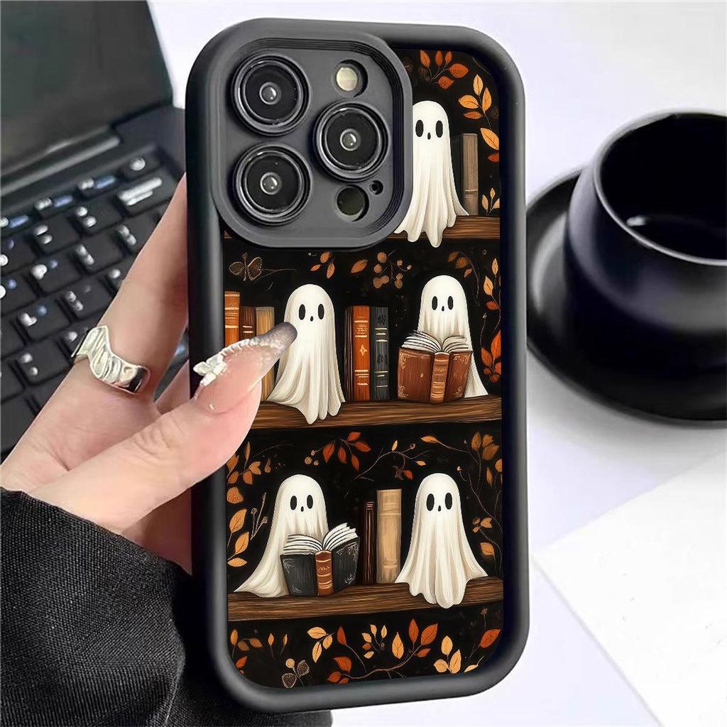 Ghost Head Bookshelf iPhone Case for 15/16/17 Pro Max - Black Groove Design