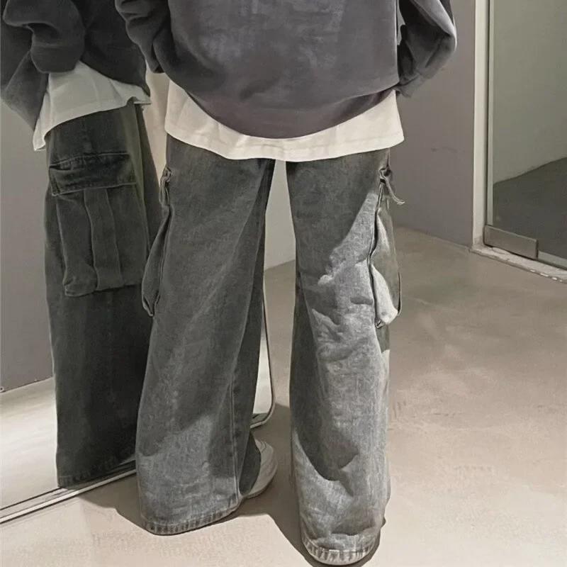 Unisex Washed Distressed Workwear Denim Multi-Pocket Jeans for Autumn/Winter 2024