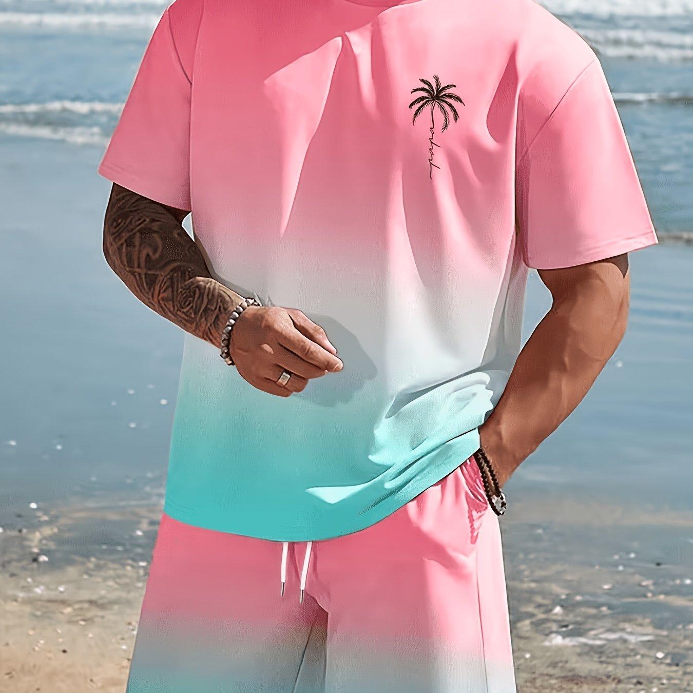 Men s Sports Short Sleeve Top Shorts Set Plus Size Breathable Basketball Sports Clothing coconut tree Print T-shirt Shorts 2-piece Set S розовый