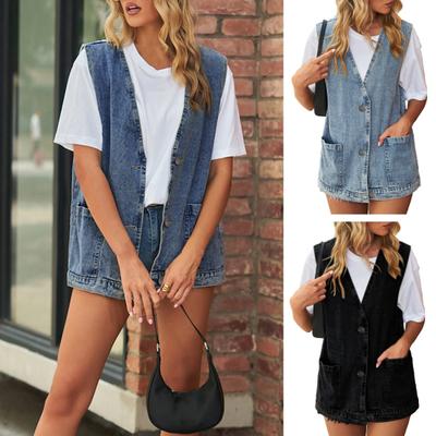 Frauen Denim Weste V-Ausschnitt ärmellose aufgesetzte Taschen einreihige Strickjacke einfarbig lässig ärmellos Streetwear Lady