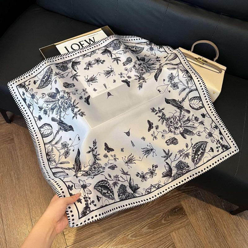 Fashion Black and White Printing Temperament Square Scarf Imitation Silk Korean Version Decorative Scarf Scarf Professional Decorative Shawl Silk Scar