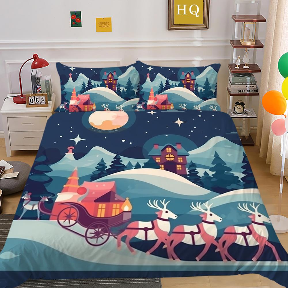3D Microfiber Fabric Christmas Bedding Set Santa Claus Quilt Cover Pillowcase 2 or 3 EU220 * 240 Full-size Quick Drying Easy Cleaning Home Decoration