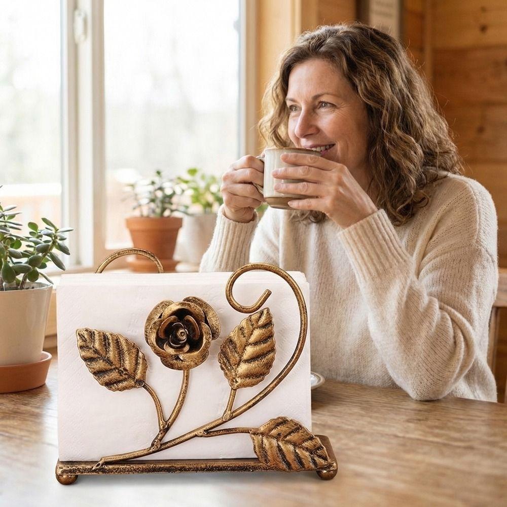 Rose Metal Napkin Holders Stable Hollowed-out Design Tissue Storage Rack Space Saving Rust-proof Vertical Napkin Dispenser