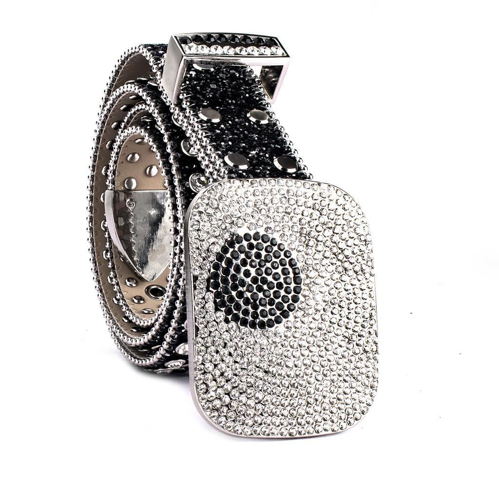 Sundo Black Silver Rhinestone Studded Western Alloy Square Buckle Full Crystal Bling PU Leather Belt Y2K Designer Style