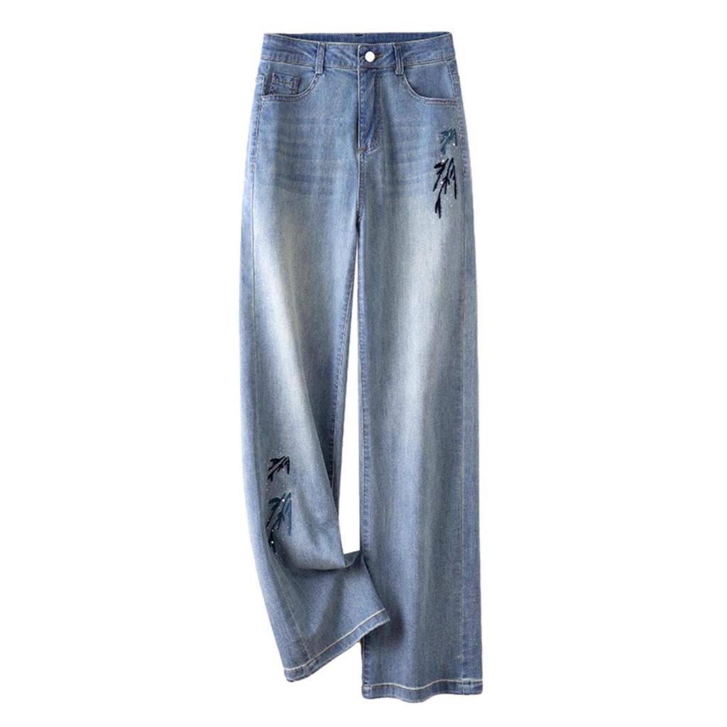 Women's High Waist Chinese Embroidery Straight Leg Jeans - Spring/Autumn 2025 Loose Slimming Drapey Design