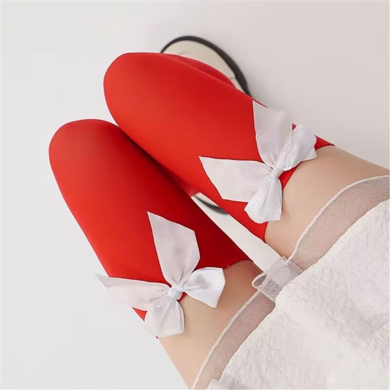 Christmas Thigh High Stockings Over the Knee Socks Halloween Cosplay Costumes for Womens Red Thigh High Socks with Bows