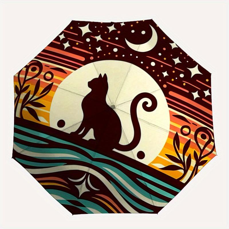 1pc Moonlit Cat Automatic Folding Umbrella, 8-Rib Sturdy Canopy, Portable Travel Umbrella for Outdoor Use