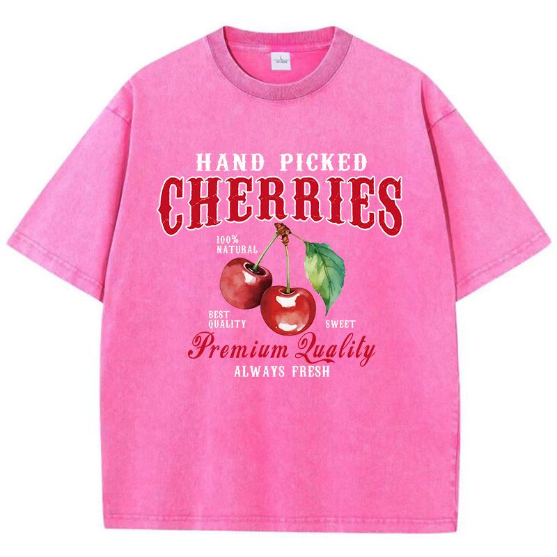 Cherries Cotton Washed TShirts Woman Red Fresh Fruit Tees Letter Prints Tops Crewneck Oversized T Shirt Street Female Clothes