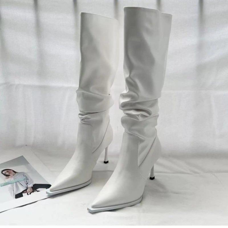 Women's Pointed Toe Pleated Knee-High Boots Winter Off White Black High Cylinder Piled Boots Thin Heels Fashion Women Shoes
