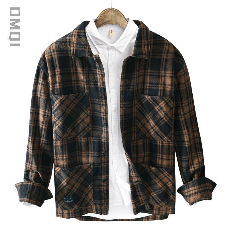 

Рубашка с отворотом из полированной клетчатой ткани, мужская, весенняя, свободная, большого размера, мужская, грубая, красивая, верхняя часть прилива 3XL темно-коричневого