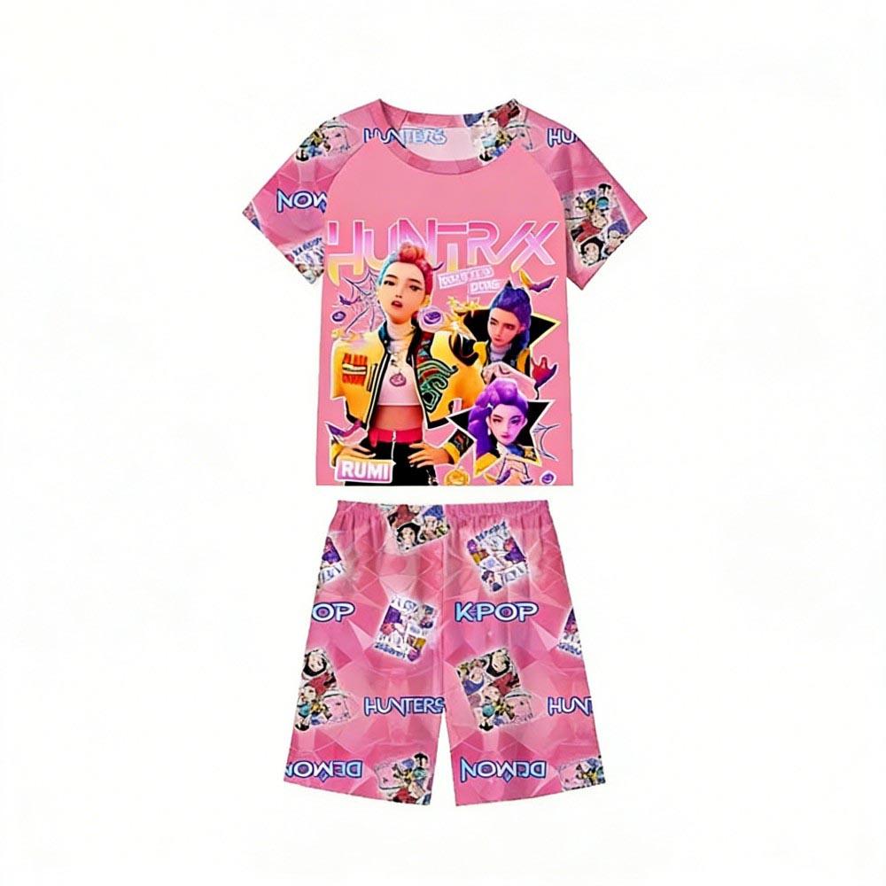Zomer Kinder Pyjamaset Kpop Demon Hunters Bedrukt Kinder O-hals Korte Mouw Tops Shorts 2 Stuks Zomer Meisjes Casual T-shirt Sets