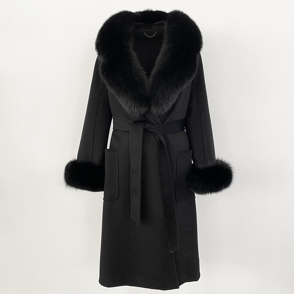 MENINA New  Autumn Winter Fashion 100% Wool Water-Corrugated Woolen Coat with Detachable Fox Fur Collar Women Daily Casual Wear