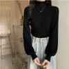 Spring Semi-turtleneck Black Knitted Sweater Women's Soft Waxy Simple Top Pit Strip Lantern Sleeve Base Shirt